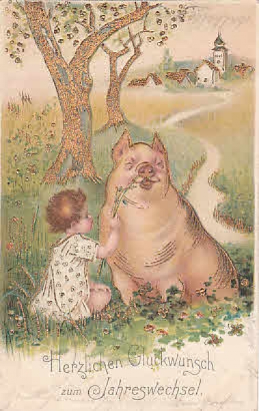 Kind spielt mit einen Schwein Prägedruck Karte
