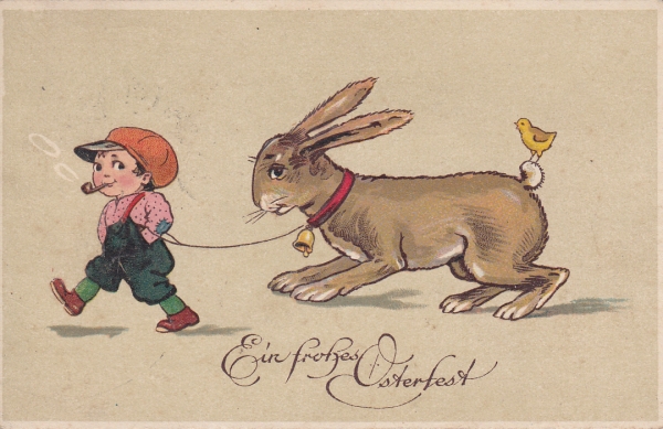 Ein frohes Osterfest Junge geht mit Osterhasen spazieren