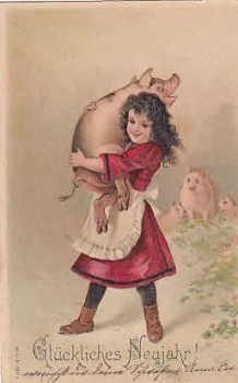 Mädchen mit Schwein am Arm Prägedruck Karte