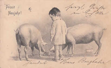Neujahrskarte Kind schaut den Schweinen zu