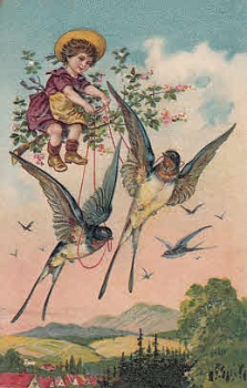 Ein Mädchen fliegt mit den Schwalben