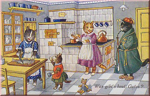 Katzen, Küche, vermenschlichte Katzen
