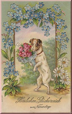 Hund mit Blumenstrauß, vermenschlichte Darstellung, Namenstag