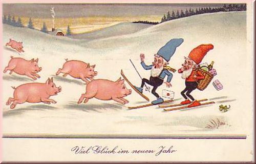Zwei Zwerge beim Skifahren werden von Schweinchen überrascht
