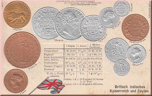 Ak Münzen Britisch indisches Kaiserreich und Ceylon